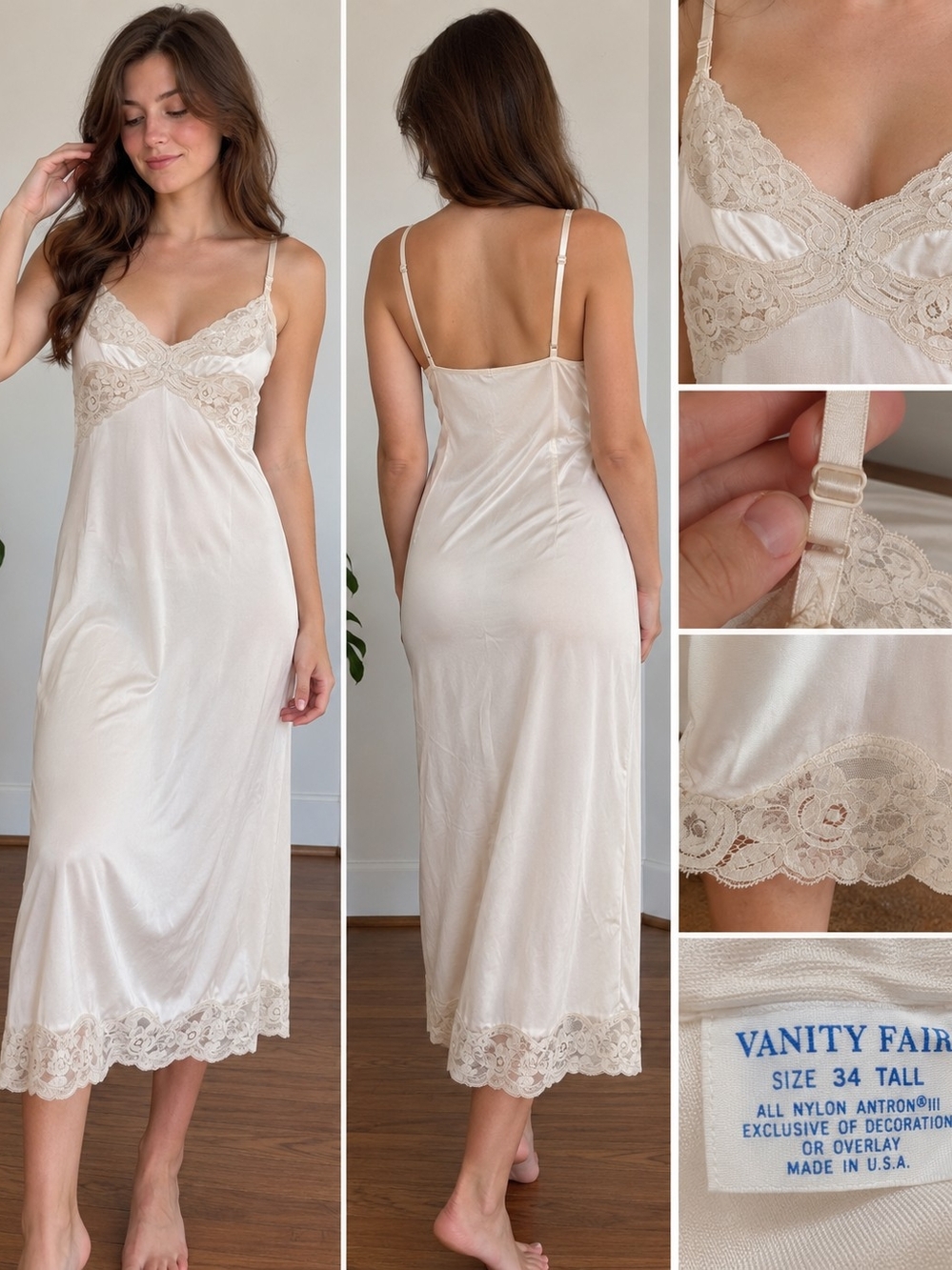 Vintage Vanity Fair Ivory Lace Full Slip Dress Nightgown USA Size Small 34